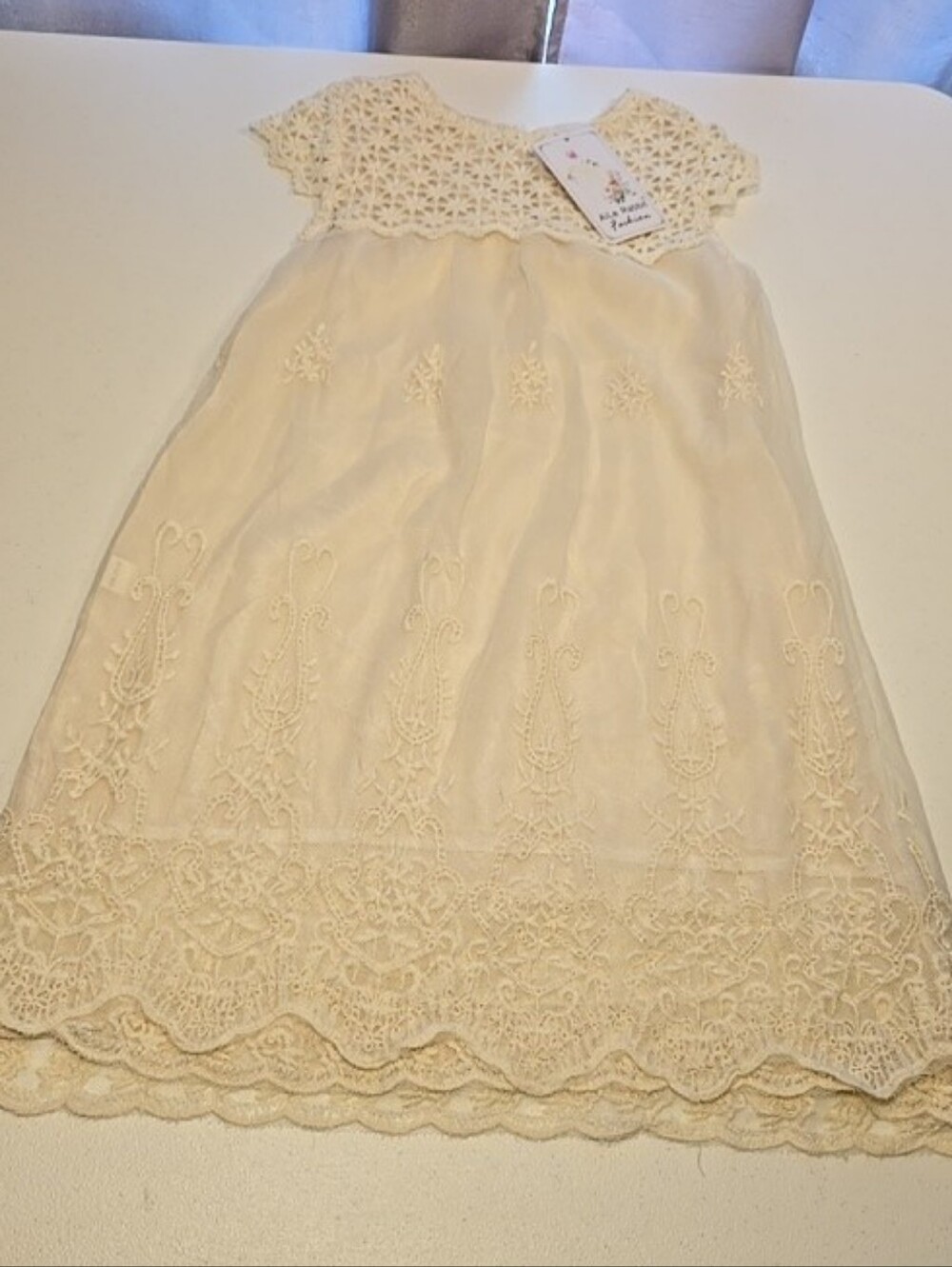 Girls' Cream Lace Dress - Elegant Embroidered Party Dress Christening 4t